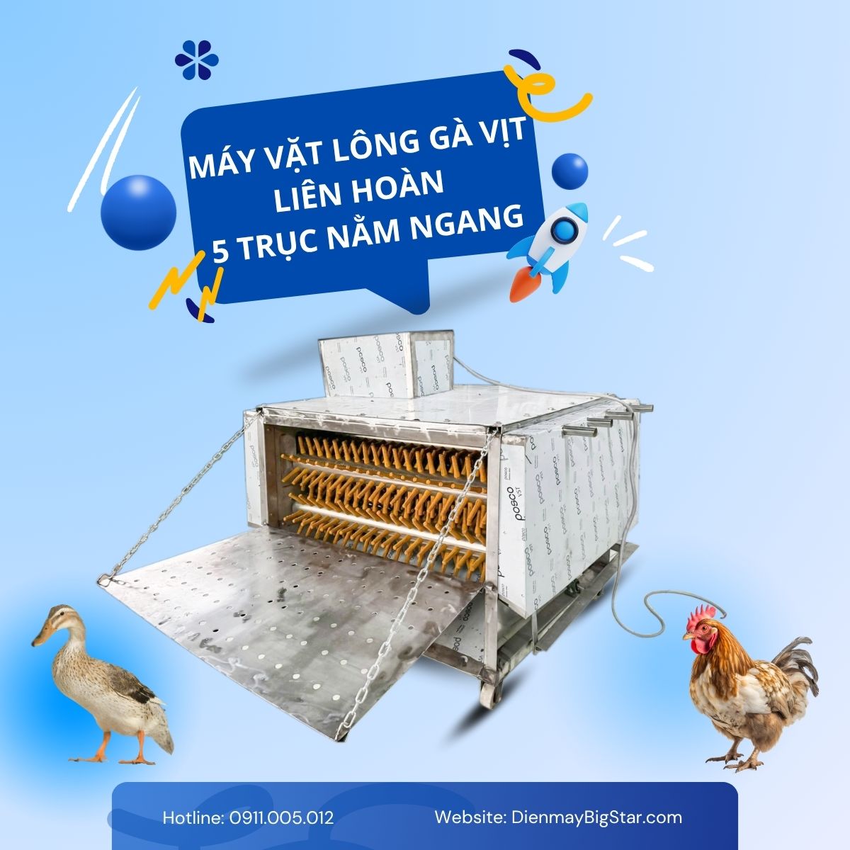 Máy vặt lông gà vịt liên hoàn 5 trục nằm ngang